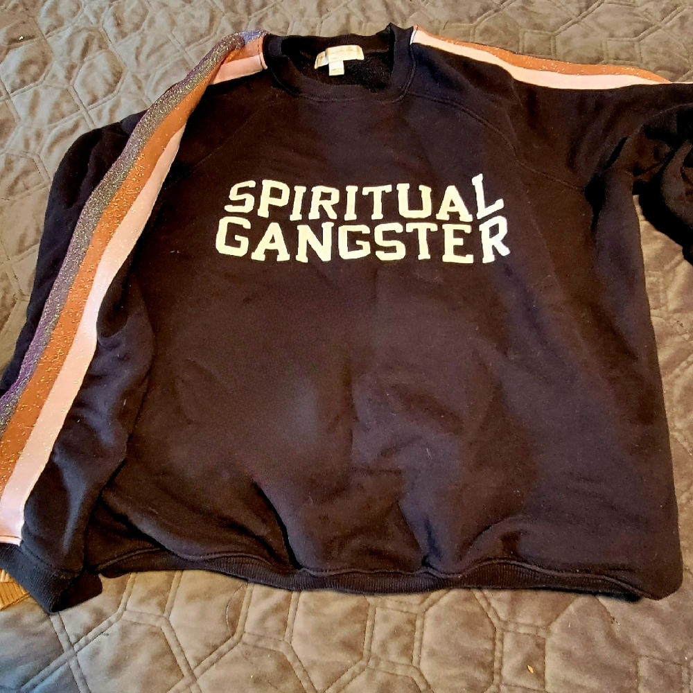 SPIRITUAL GANGSTER Black Sweatshirt with iridescent Rainbow Stripes 🌈 XS